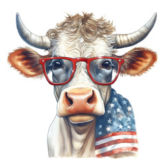 4th of July Cow with sunglasses, Patriotic Cow, Independence Day Cow, Cow with Glasses Watercolor Clipart Illustration, made with generative AI