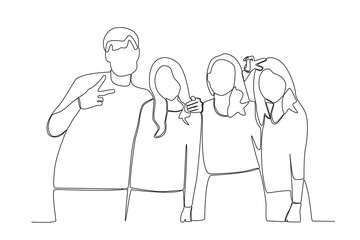 Four friends posing for the camera. Friendship Day one-line drawing