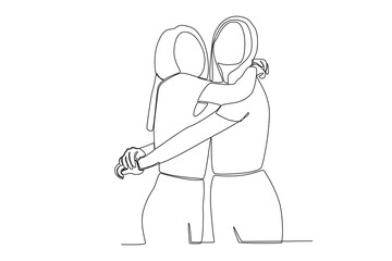 Two beautiful female friends hugging each other. Friendship Day one-line drawing