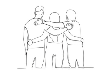 Three friends take a photo from behind. Friendship Day one-line drawing