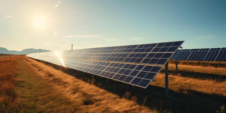 A Row Of Solar Panels In A Sunny Field, Symbolizing Renewable Energy, Concept Of Sustainability, Created With Generative AI Technology