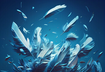 Feathers flying in the sky on a blue background. Generative AI