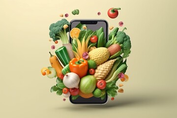Fresh vegetables food delivery app from mobile phone. Generative AI. Digital Art Illustration - obrazy, fototapety, plakaty