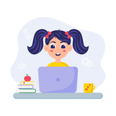 A girl is learning coding on a laptop. Programming kids. The concept of children's education. Flat style. Vector illustration for the site, advertising.