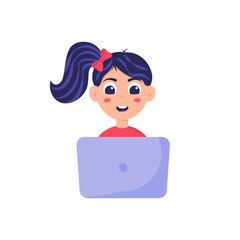 A girl is learning coding on a laptop. Programming kids. The concept of children's education. Flat style. Vector illustration for the site, advertising.