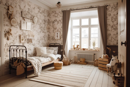  Modern cozy childrens room, classic interior design with beige, brown and black colors. Super photo realistic background, generative ai illustration