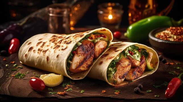 Deliciously hot and flavorful grilled chicken wrap roll with flying ingredients and spices, ready to be served and enjoyed. Generative AI. Digital Art Illustration