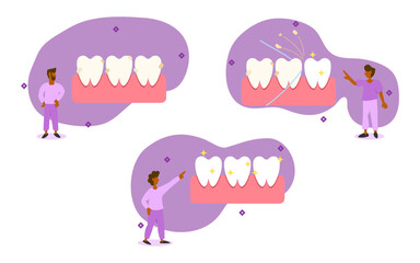 dental care illustration set. characters have dirty on teeth. they use a dental floss to clean and whiten teeth. cleaning teeth by dental floss concept. vector illustration.