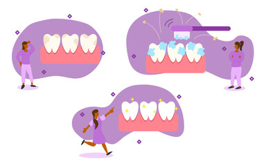 dental care illustration set. characters have dirty on teeth. they use a toothbrush to clean and whiten teeth. cleaning teeth by toothbrush concept. vector illustration.
