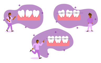 dental care illustration set. characters have dental problems, including crooked, gapped, rotated or crowded teeth. dentist starts braces so that teeth are normal. dental orthodontic concept.