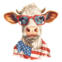 4th of July Cow with sunglasses, Patriotic Cow, Independence Day Cow, Cow with Glasses Watercolor Clipart Illustration, made with generative AI