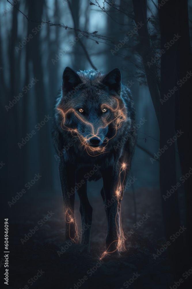 Poster a wolf standing in the middle of a forest. generative ai image.