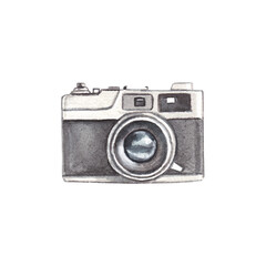 Old camera isolated on white background. Watercolor hand drawn illustration gray photo camera. Clipart for postcards, stickers.