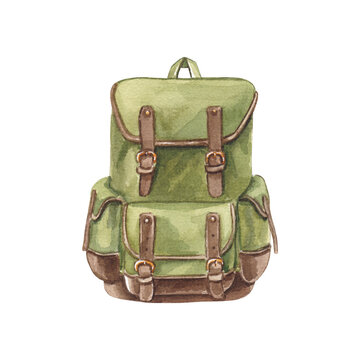 Travel packsack isolated on white background. Watercolor hand drawn illustration green hiking rucksack. Clipart for postcards, stickers. Forest camping.