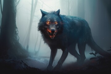 A wolf with glowing eyes walking through a forest. Generative AI image.