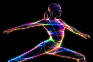 Dramatic portrait of an athletic female with neon glowing lines. Generative ai