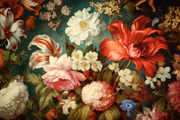 Obraz na płótnie Canvas beautiful fantasy vintage wallpaper botanical flower bunch vintage motif for floral print digital background generative ai 