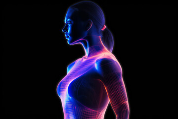 Dramatic portrait of an athletic female with neon glowing lines. Generative ai