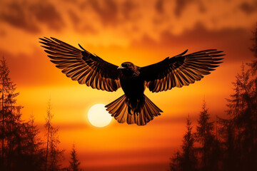 fusion of art silhouette bird on orange sky background generative ai