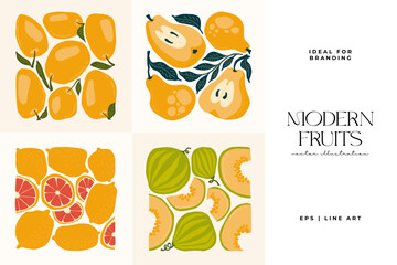 Fruits abstract elements. Food and healsy composition. Modern trendy Matisse minimal style. Fruits poster, invite. Vector arrangements for greeting card or invitation design