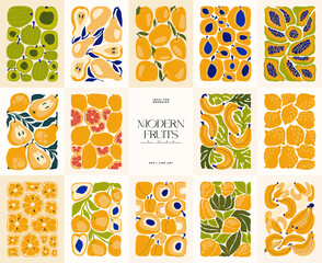Fruits abstract elements. Food and healsy composition. Modern trendy Matisse minimal style. Fruits poster, invite. Vector arrangements for greeting card or invitation design