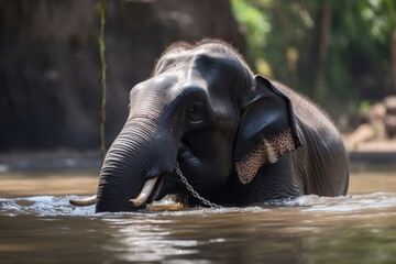 Chained Indian elephant enjoying his refreshing bath in water in hot summer weather Kerala India, To reduce body heat and cool down