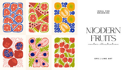Fruits abstract elements. Food and healsy composition. Modern trendy Matisse minimal style. Fruits poster, invite. Vector arrangements for greeting card or invitation design © KozyPlace