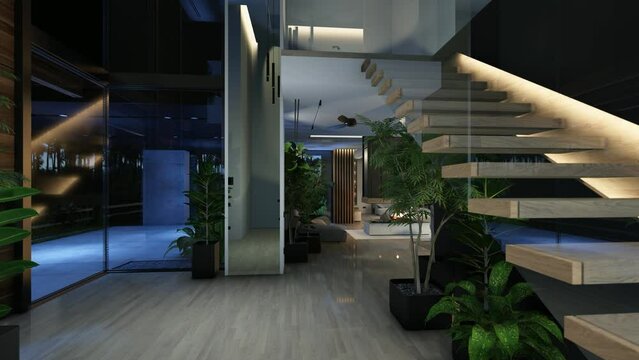 4K video rendering of modern cozy interior with living, dining zone stair and kitchen for sale or rent with wood plank by the sea or ocean. Spacious apartments with expensive furniture in night