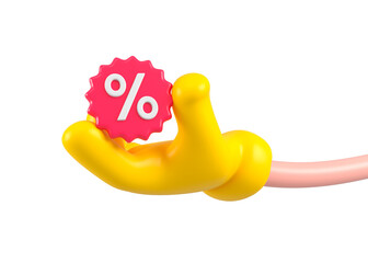 Cartoon character hand hold a percentage emblem. The concept discount promo for sales and shopping online isolated. 3d rendering.