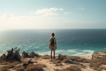 Fototapeta na wymiar girl traveler on rock with sea background generative ai