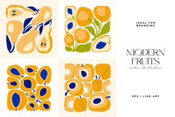 Fotobehang Fruits abstract elements. Food and healsy composition. Modern trendy Matisse minimal style. Fruits poster, invite. Vector arrangements for greeting card or invitation design © KozyPlace