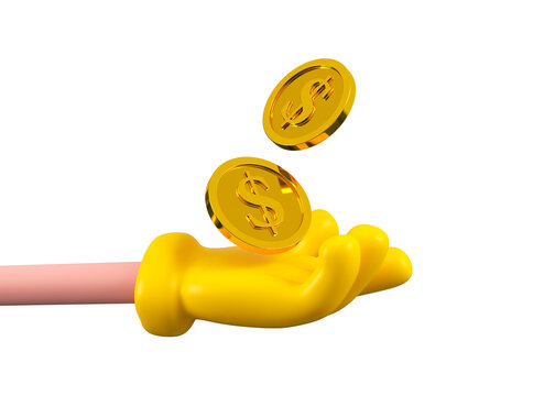 Cartoon character hand with golden coins. The concept of a sale with a dollar sign isolated. 3d rendering.