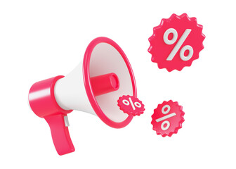 Red megaphone with discount promo tags for sales and shopping online. The concept of a sale with a percentage emblem and loudspeaker isolated. 3d rendering.