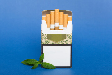 Pack of menthol cigarettes and fresh mint on colored table, Menthol cigarettes top view flat lay