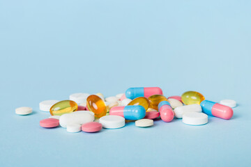 Many different colorful medication and pills perspective view. Set of many pills on colored background