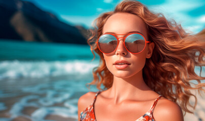 Fototapeta na wymiar Generative Ai. a woman with sunglasses on the beach