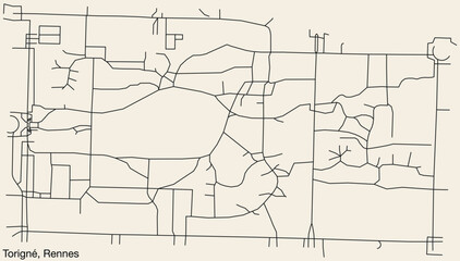 Detailed hand-drawn navigational urban street roads map of the TORIGNÉ SUB-QUARTER of the French city of RENNES, France with vivid road lines and name tag on solid background