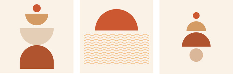 Mid Century Modern Art, Set of 3, Neutral Wall Art, Minimal Sun with waves. Geometric organic balance shapes
