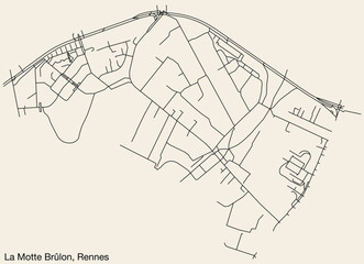 Detailed hand-drawn navigational urban street roads map of the LA MOTTE-BRÛLON SUB-QUARTER of the French city of RENNES, France with vivid road lines and name tag on solid background