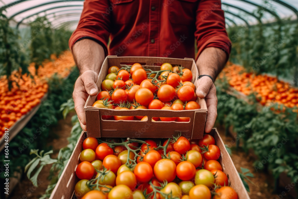 Poster harvesting red tomatoes in a greenhouse.,box of tomatoes in hand generative ai
