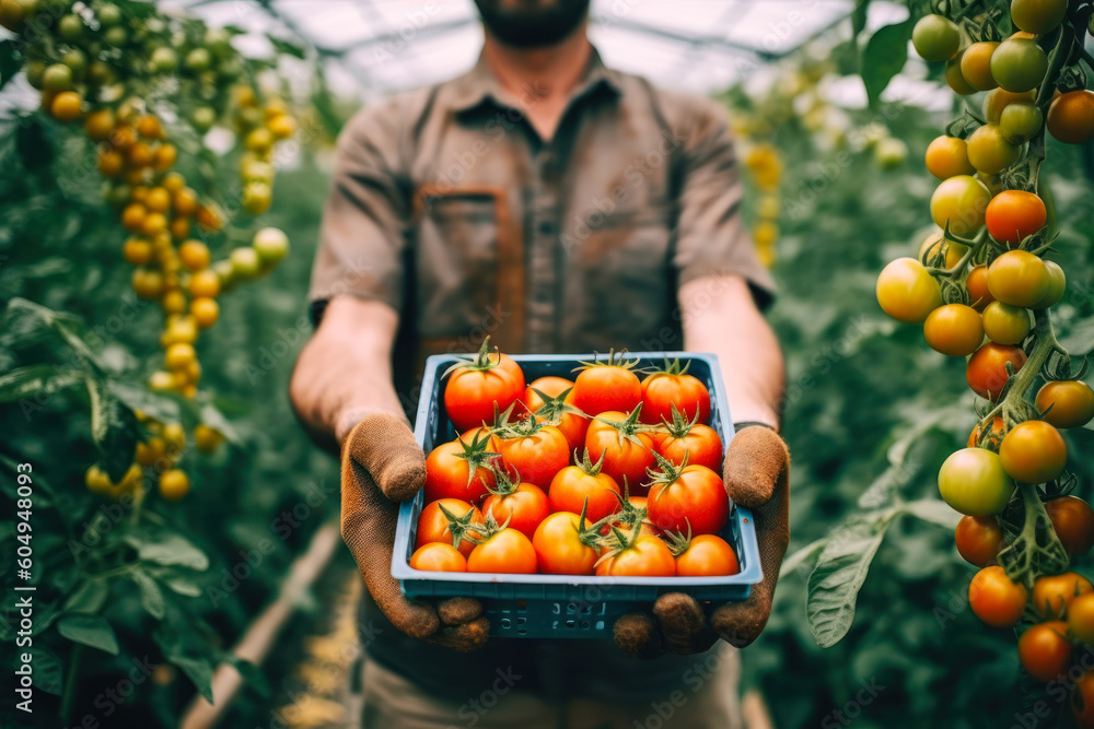 Poster harvesting red tomatoes in a greenhouse.,box of tomatoes in hand generative ai