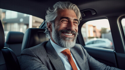 Generative Ai. smiling man in a car with a beard and orange tie