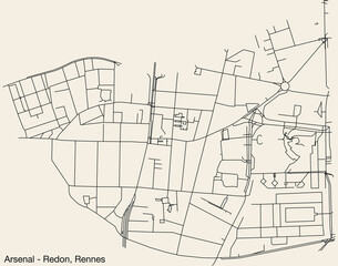 Detailed hand-drawn navigational urban street roads map of the ARSENAL-REDON SUB-QUARTER of the French city of RENNES, France with vivid road lines and name tag on solid background