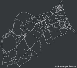 Detailed hand-drawn navigational urban street roads map of the LA PRÉVALAYE SUB-QUARTER of the French city of RENNES, France with vivid road lines and name tag on solid background