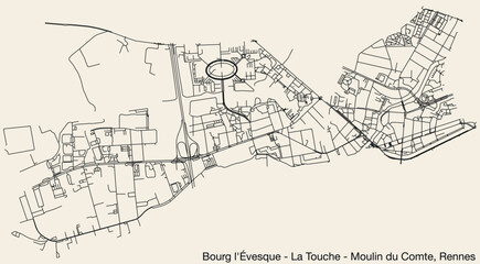 Fototapeta na wymiar Detailed hand-drawn navigational urban street roads map of the BOURG-L'ÉVESQUE - LA TOUCHE - MOULIN DU COMTE SUB-QUARTER of the French city of RENNES, France with vivid road lines and name tag on soli