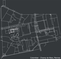 Detailed hand-drawn navigational urban street roads map of the COLOMBIER - CHAMP-DE-MARS SUB-QUARTER of the French city of RENNES, France with vivid road lines and name tag on solid background