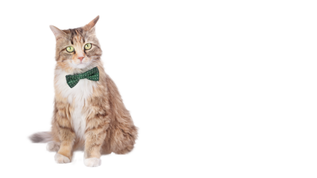 Isolated Kitten in  on white background. Beautiful funny Kitten with a green bow tie. Portrait adorable Kitten large eyes. Cat posing at camera. Space for text. Web banner. Studio shot of domestic Cat