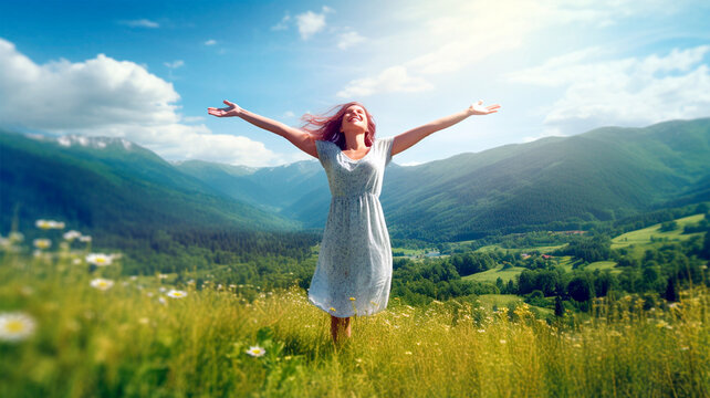 Generative Ai. a woman standing in a field with her arms outstretched