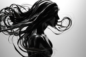woman silhouette with chaotic abstract hair lines generative ai