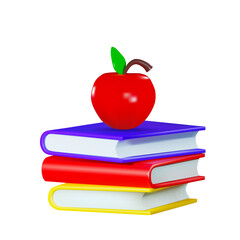 Render of a red apple with a stack of books. The concept of learning. Vector illustration in 3d style isolated on white background